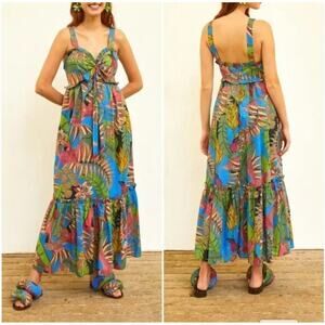FARM Rio Totally Tuiuiu Sweetheart Maxi Dress Blue Green Tropical Bird Small